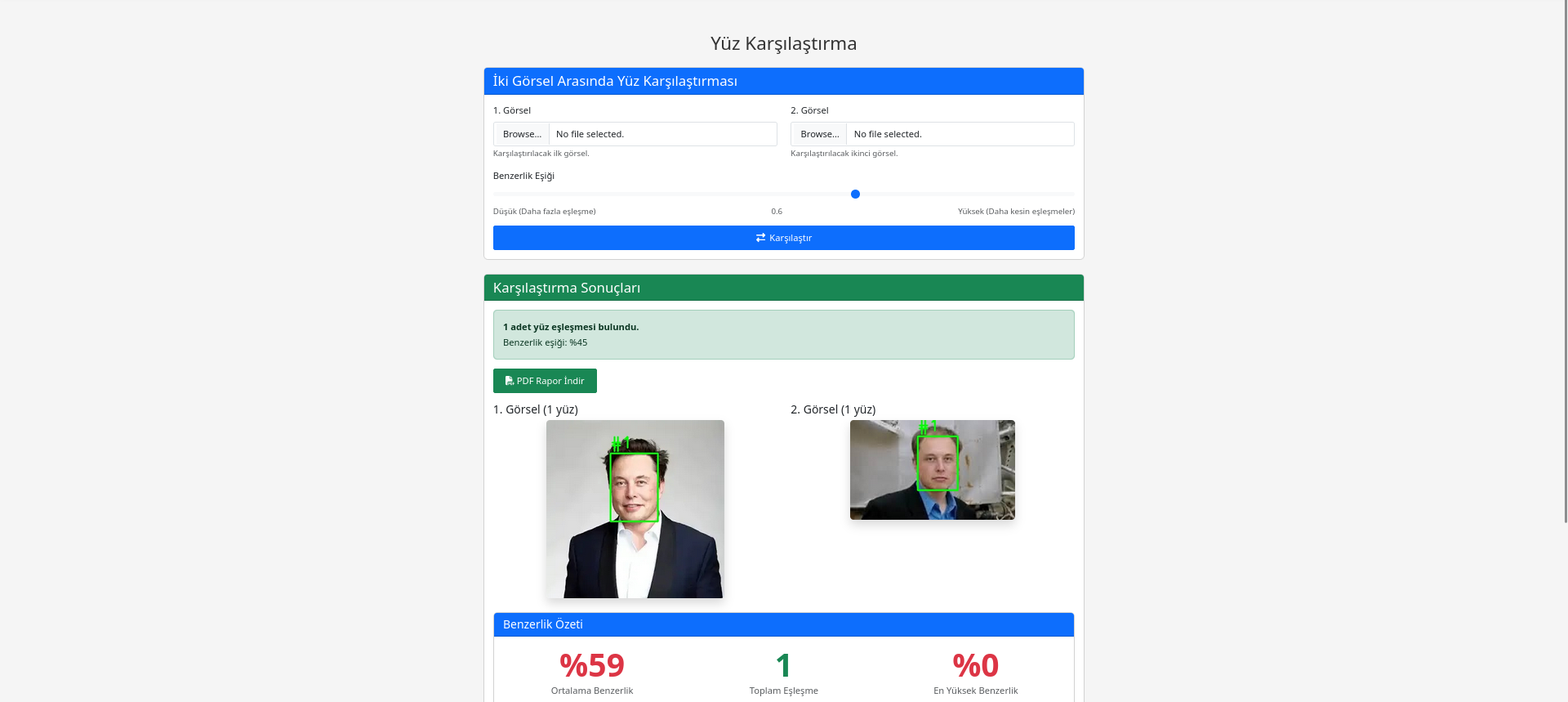 Eye Of Web Yüz Karşılaştırma Ekranı - İki yüz arasında benzerlik analizi