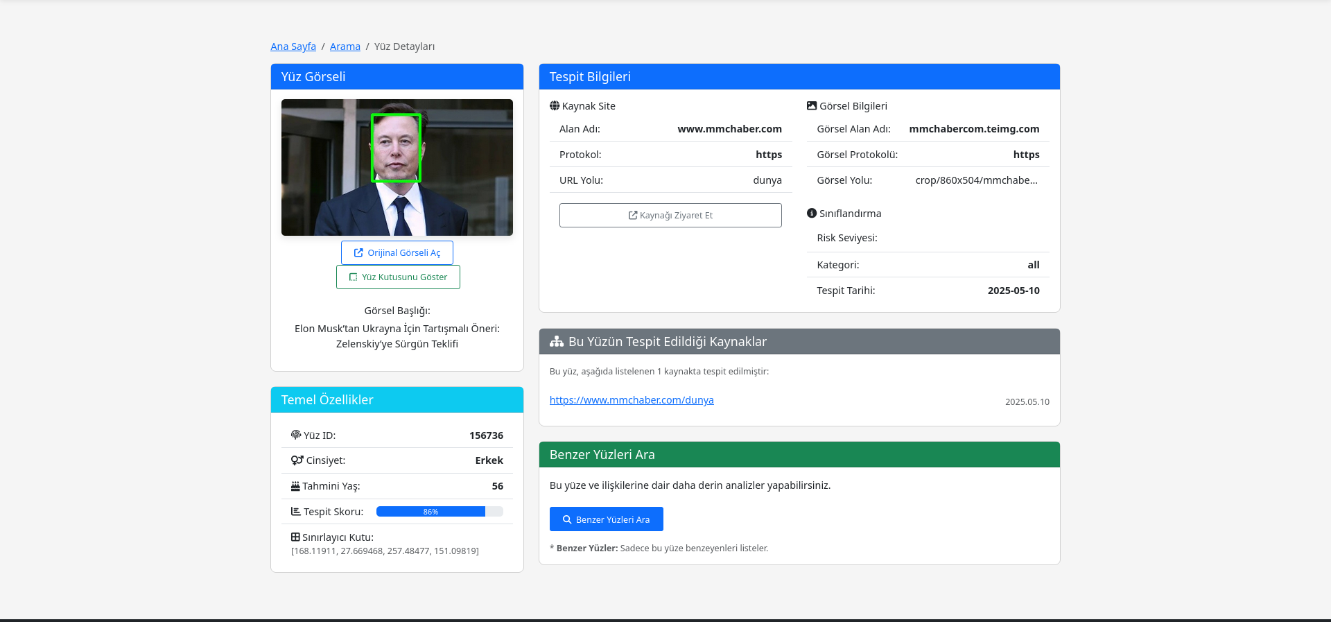 Eye Of Web Gelişmiş Analiz Ekranı - Detaylı yüz eşleştirme sonuçları